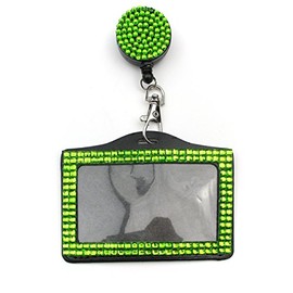 Rhinestone Lanyard Bling Crystal Badge Reel + Card Holder Business Id Card Horizontal (Green)