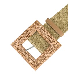 Elerevyo Ladies Woven Wide Stretch Belts, Straw Rattan Square Wooden Buckle Elastic Waist Belt Waistband for Dress 60-82cm/23.62-32.28" Khaki