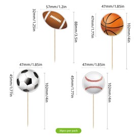 Pack of 36 Sports Cupcake Toppers - Basketballs, Footballs, Baseballs, Rugby Balls - Sports Theme Party Decorations