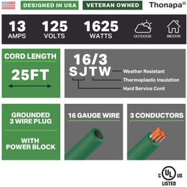 Thonapa2 Pack of 25 ft Green Extension Cord with 3 Outlets - 16/3 SJTW Weatherproof Outdoor Extension Cord with 3 Prong Multiple Outlets