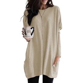 Poetsky Womens T-Shirts Plus Loose Fit Long Sleeve Long Tunic Tops to Wear with Leggings Oversized Shirts with Pockets,Apricot,2xl