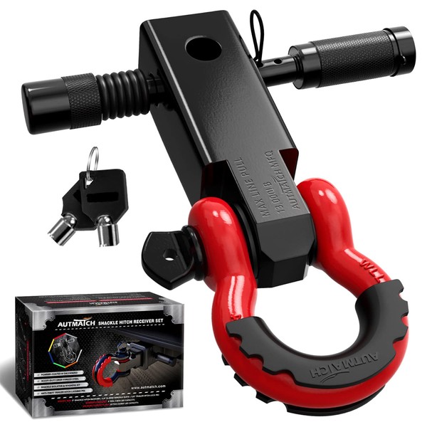 AUTMATCH Shackle Hitch Receiver 2 Inch - 3/4" D Ring Shackle and 5/8" Trailer Hitch Lock Pin, 45,000 Lbs Break Strength Heavy Duty Receiver Kit for Vehicle Recovery, Black & Red