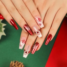 Christmas Press on Nails Coffin Medium Fake Nails With Snowflake Pearl Red Rhinestones Designs False Nails Red Glitter Full Cover Stick on Nails Acrylic Winter Xmas Artificial Nails for Women 24Pcs