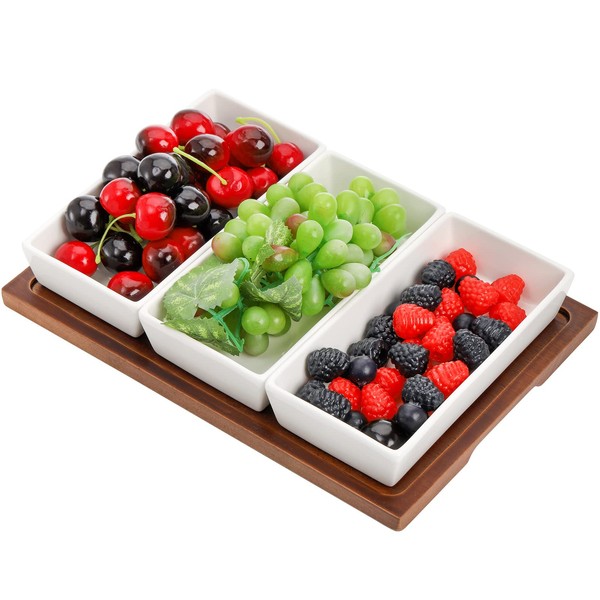 Elsjoy Set of 3 Ceramic Serving Bowls with Wooden Tray,