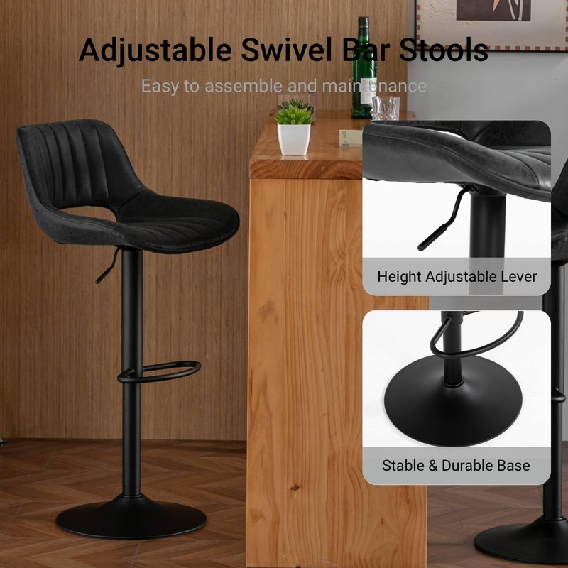 Whiterye Black Bar Stools Set of 2, Adjustable Faux Leather