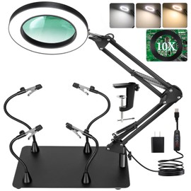 MagnieOpti Helping Hands Soldering Station, 10X Magnifying Glass with Light and stand with 4 Magnetic Third Hand Soldering Tool, PCB Holder Magnifier Desk Lamp for Soldering Repairing Jewelry Crafts