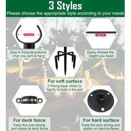 Tigerden 10ft String Light Poles for Soft Surfaces, Light Poles for Outdoor String Light, Perfect for Garden, Backyard, and Patio Lighting Stand for Parties, Wedding - Matte Black Finish - 2 Pack