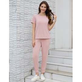 WiWi Women's 2 Piece Tracksuits Set with Pockets Scoop Neck Short Sleeve Tops Jogger Pants Lounge Sets Outfits S-XXL,Smoky Pink,Small