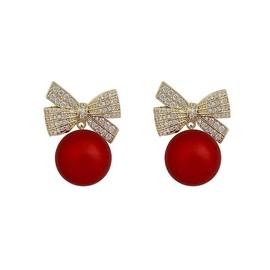 Christmas Bow Earrings for Women Red Ball Bow Earrings Pearl Drop Earrings Xmas Earrings Chrsitmas Jewelry for Women