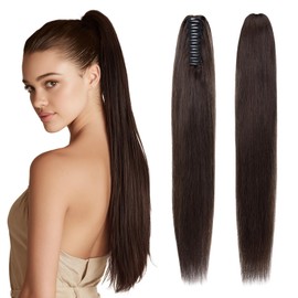 SEGOHAIR Human Hair Claw Clip Ponytail Extension 100% Real Human Hair Clip-In Extensions for Women Long Straight Pony Tails 22 Inches 120g #02 Dark Brown