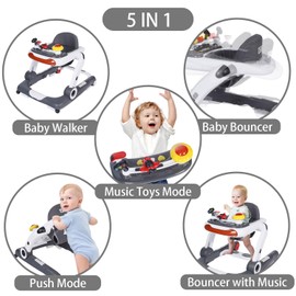 Kinder King Baby Walker with Music & Lights, 5 in 1 Baby Bouncer Activity Walker, Adjustable Height & Seat, Learning-Seated & Toddler Walk-Behind, Safety Bumper, Infant Walker Anti-Rollover, Grey