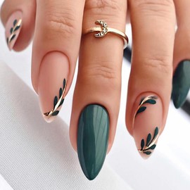 WAFOLOZE Almond Press on Nails Medium Fake Nails Dark Green Gloss False Nails with Matte Nails&Green Leaf Designs Glue on Nails Acrylic Nails Press ons Artificial Nails Stick on Nails for Women 24Pcs
