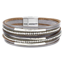 StarAppeal Women's Leather Bracelet with Rhinestones, Chains and Jewellery Elements, Silver Magnetic Clasp, Silver Plated
