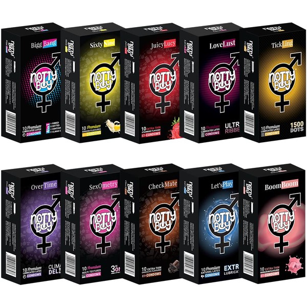 NottyBoy Condoms Variety Pack 100 Count Bulk Assorted Box - Flavored, Extra Time, Extra Lubricated, Ultra Thin, Extra Dotted, Ribbed, Contoured