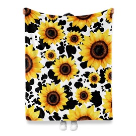 Jekeno Sunflower Gifts Blanket for Women Girls Mom Birthday Mother's Day Christmas Cow Sun Flowers Print Present Decor Home Bedroom Living Room Sofa Couch Soft Cozy Plush Throw for Kids Adults 50"x60"