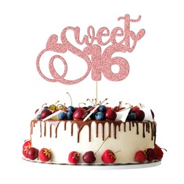 1 decoración para tartas de 16 años con purpurina para decoración de tartas de 16 cumpleaños para alegrías a 16 años de edad, suministros de decoración de tartas de oro rosa