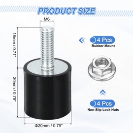 sourcing map 4Pcs M6 Thread Rubber Mounts, Vibration Isolators, Cylindrical Shock Absorber with Studs 20 x 20mm with Non-Slip Nuts