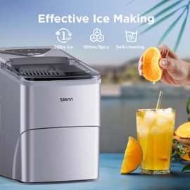 Silonn Silonn Ice Makers Countertop, 9 Cubes Ready in 6 Mins, 26lbs in 24Hrs, Self-Cleaning Ice Machine with Ice Scoop and Basket, 2 Sizes of Bullet Ice for Home Kitchen Office Bar Party, Sliver