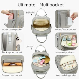 Diaper Bag Backpack - Large Multi functional, Boys, Girls & Baby Travel Essentials Tote with Changing Pad, Insulated Pockets, Stroller Straps, Waterproof - Baby Backpack for Mom & Maternity (Gray)