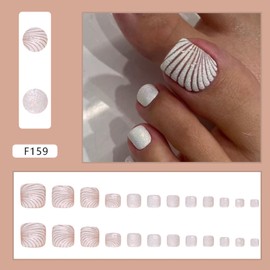 24Pcs Press on Toenails Short Square - Glitter Seashells Fake Toenails White Fake Toe Nails Press Ons with Design Full Cover Stick on Nails Glossy Acrylic Toenails Kit for Women and Girls Manicure