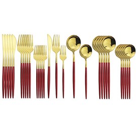 Gugrida Red Handle Gold Spoon Silverware Set, 30-Piece 304 Stainless Steel Flatware Set Cutlery Set Service For 6, Mirror Finish, Dishwasher Safe, Nice Gift Box