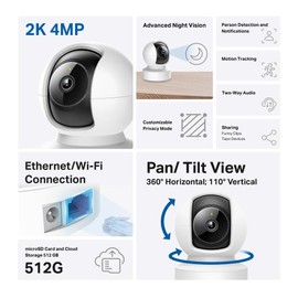 TP-Link Tapo Smart Pan/Tilt AI Home Security Camera, Wireless or Wired Connection, 2K 4MP, 360º Horizontal, Two-Way Audio, Night Vision, Baby Monitor, Smart AI Detection and Notifications(Tapo C222)