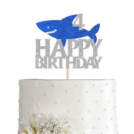 Shark Happy 4th Birthday Cake Topper Blue Silver Glitter Boy Girl 4 Years Ocean Birthday Party Decoration