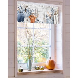 Fall Curtain Valance for Windows Blue Pumpkin Rod Pocket Valance Window Treatments Leaves Floral Wood Grain Thanksgiving Holiday Short Curtains for Kitchen Windows Living Room Bedroom Decor 54x18in