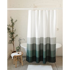 Elena Home Goods Fabric Shower Curtains For Bathroom | Luxury 230 GSM Polyester | 72x72 inch Standard Size | Modern Green Shower Curtain| Durable Waffle Fabric White Shower Curtain Green Stripe Design