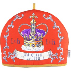 Muldale Large Tea Cosy Covers Insulated - Queen Elizabeth II Crown Design - 100% Cotton Red Teapot Cosy Cover with Extra Thick Quilted Wadding - Tea Cosy Covers