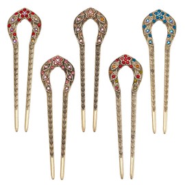 NICENEEDED 5 PCS Vintage U-Shaped Hair Forks, French Double Prong Rhinestone Crystal Hairpin, Classical Alloy Hair Accessories for Wedding Party Holiday Daily