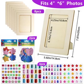 Wooden Picture Frame Set for Painting, 8 Pieces Photo Frame Craft Set Wooden Frame Wooden Picture Frame for Painting, DIY Picture Frame Small Craft Set Children with Glitter Stones & Stickers for