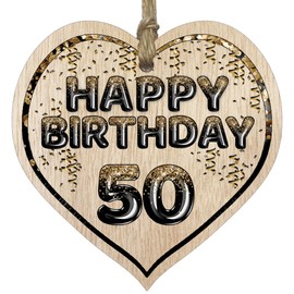 Stuff4 Fun 50th Birthday Gift For Men Woman Wooden Heart Plaques - Foil Age - 50 - Light Wood Sign Keepsake, Happy Birthday Plaque for Dad Mum Grandad Nanny Grandma Uncle Auntie Cousin Friend
