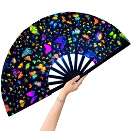 Womwpmt Large Rave Fan UV Glow Hand Fan, 13 Inch UV Glow Popping Rave Fan for Line Dancing, Disco Party Favor Folding Clack Hand Fan for EDM Music Festival Club Rave Accessories