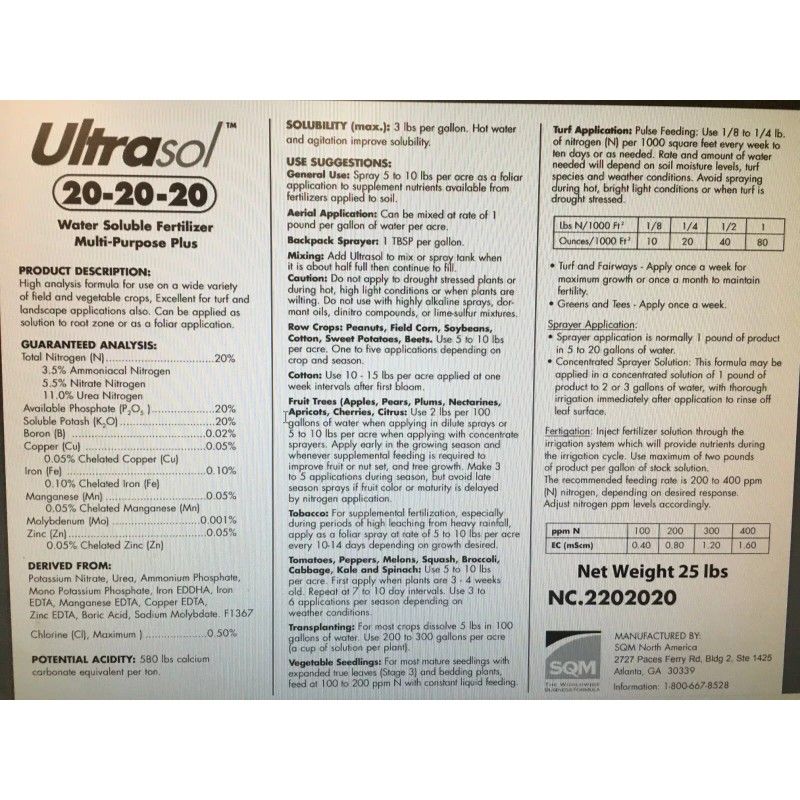 Ultrasol (2) Lb ALL PURPOSE FERTILIZER 20-20-20 WATER SOLUBLE +