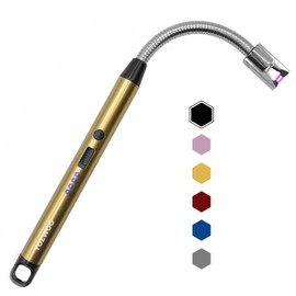 YOZWOO Rechargeable USB C Lighter - Windproof Flameless Plasma Arc Lighter with 360 Flexible Neck and LED Battery Display for Candle, Fireworks, Cooking (Gold)