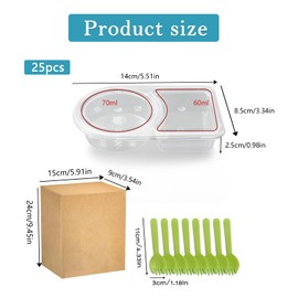 RHBTH 25 Two-Room Spice Containers + 25 Spoons and 25 Lids, Spice Boxes for Takeaway, 2 x Diet Preparation Boxes, Spice Containers, 60 ml + 70 ml Sauce Jars, Dip Boxes, Spice Boxes, Mini Deep Jars