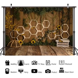 8x6ft Farm Honeycomb Backdrop for Photoshoot Green Leaves Ivy Sunflower Kids Portrait Background Brown Wooden Wall Floor Beehive Bee Photography Background