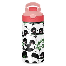 Kids Water Bottle with Straw, Panda Bamboo Leaves Bear Small Thermos Flask Thermal Insulated Stainless Steel Water Flask Sports Hot Cold, 350ml