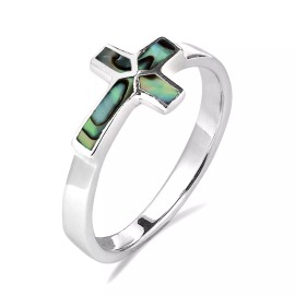 AeraVida Sideways Cross Rainbow Abalone Shell Sterling Silver Ring-6