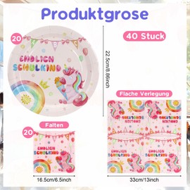 Joxessaien 40 Stück Einhorn Schulanfang Pappteller Set, Partygeschirr Einschulung Mädchen, 20 Pappteller + 20 Servietten für Einschulungsfeiern