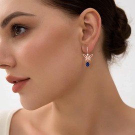 925 Sterling Silver Butterfly Dangle Drop Earrings for Women, 18K Rose Gold Plated Animal Butterfly Earrings with Teardrop Birthstone