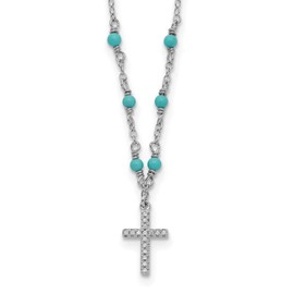Saris and Things Sterling Silver Rhodium-plated CZ Cross & Synthetic Turquoise with 2in Extender Pendant Necklace