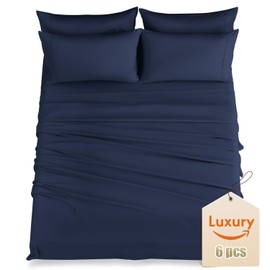 CozySmile Luxury Silky Soft Bed Sheet Set, 6 Piece,King Size, Fits 16 inch Deep Pocket Mattresses, Wrinkle Free & Breathable Cooling, Dark Blue Bedding Sheets (Fitted Sheet, Flat Sheet, Pillowcases)