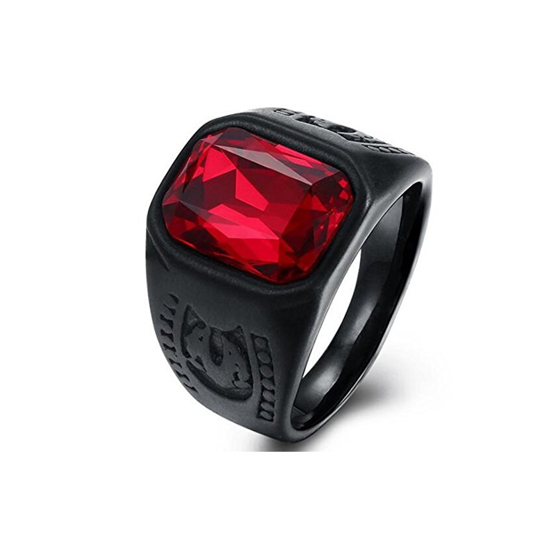 Black Stainless Steel Red Crystal Signet Biker Ring (S)