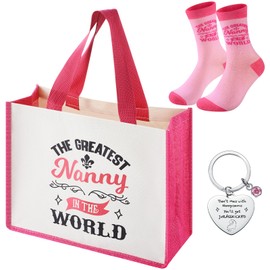Xuniea 3 Pcs Nanny Gifts from Grandchildren Include 1 Shopping Nanny Tote Bag, 1 Nanny Socks 1 Keyking for Nanny Birthday Christmas Women's Funny Present Keepsake