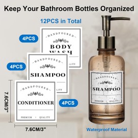 Waterproof Labels for Bottles Bathroom Kitchen 12 PCS Minimalist Organization Removable Labels for Shampoo Conditioner Body Wash(White)