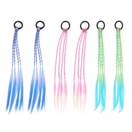 Coloured Hair Extensions, Pack of 6 Children's Colourful Braided Hair Pieces, Hair Pieces, Twist Braid with Elastic Rope Band, Colour Gradient Girls Hairpiece Band, Party Festival Decoration Gifts