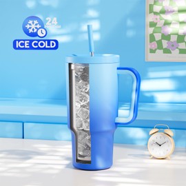 Meoky 30 oz Tumbler with Handle, Tumbler with Lid and Straw, Insulated Stainless Steel Travel Mug, 100% Leak-proof, Cupholder Friendly, Keeps Cold for 24 Hours or Hot for 8 Hours (Sky)