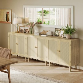 Huuger Buffet Cabinet with Storage, Storage Cabinet with PE Rattan Decor Doors, Accent Sideboard Buffet with Solid Wood Feet, for Hallway, Entry, Living Room, Natural